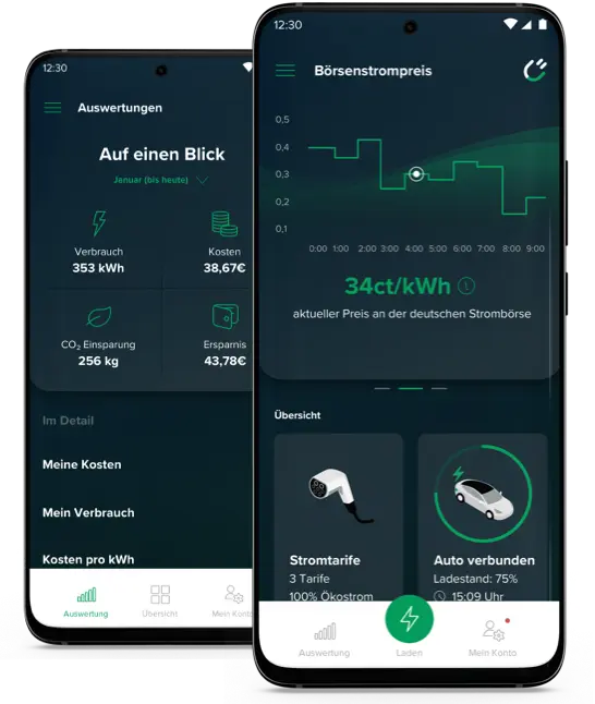 Screenshot der Rabot Charge App zeigt Börsenstrompreis, Verbrauch und Kosten des Haushaltsstroms auch für Elektroauto Stromtarif