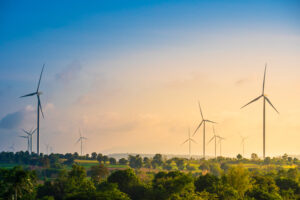 mehrere Windmühlen stehen auf Feldern und erzeugen grüne erneuerbare Energie